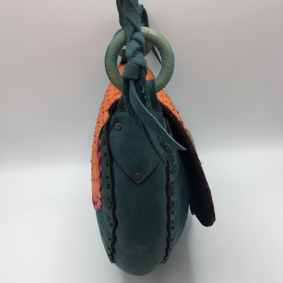 🏜 BOHO Artisan TURQUOISE Ostrich LEATHER Hobo BAG - Picture 3 of 7